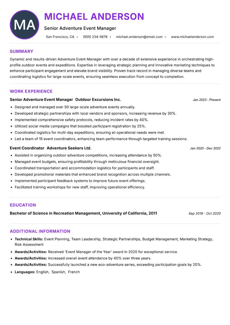 Adventure Event Manager Resume Preview Example