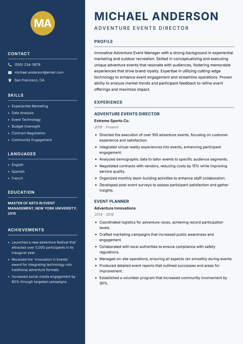 Adventure Event Manager Resume Preview Example