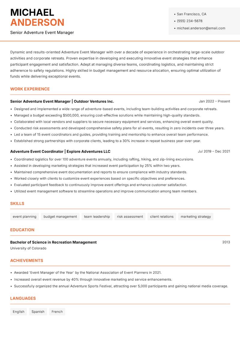 Adventure Event Manager Resume Template