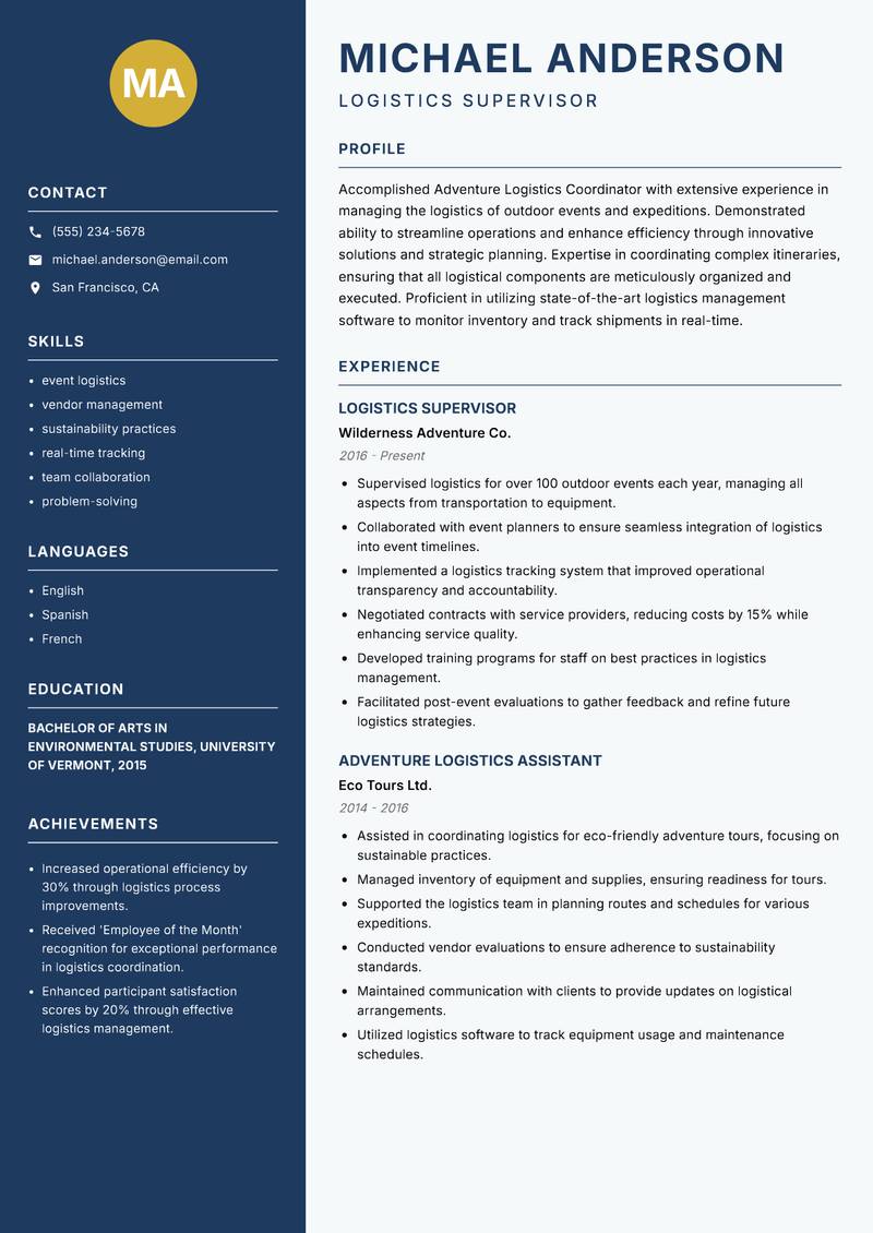 Adventure Logistics Coordinator Resume Preview Example