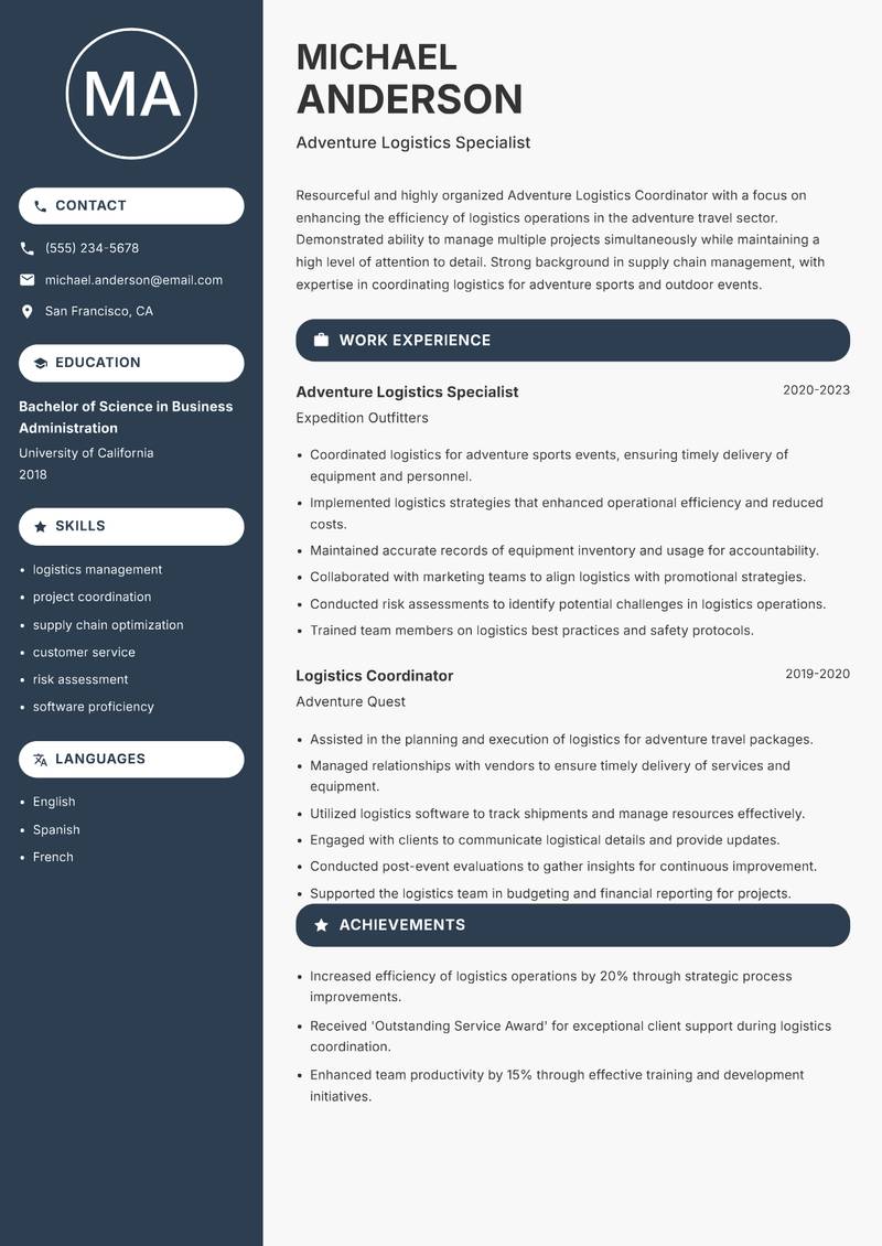 Adventure Logistics Coordinator Resume Preview Example