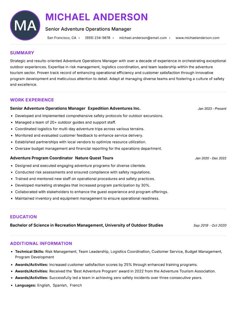 Adventure Operations Manager Resume Preview Example