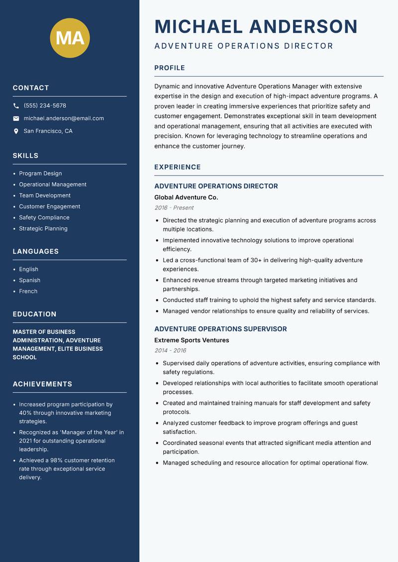Adventure Operations Manager Resume Preview Example