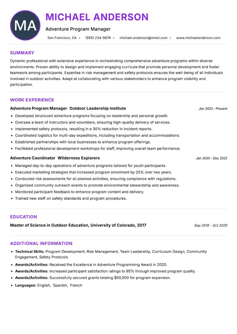 Adventure Program Coordinator Resume Preview Example