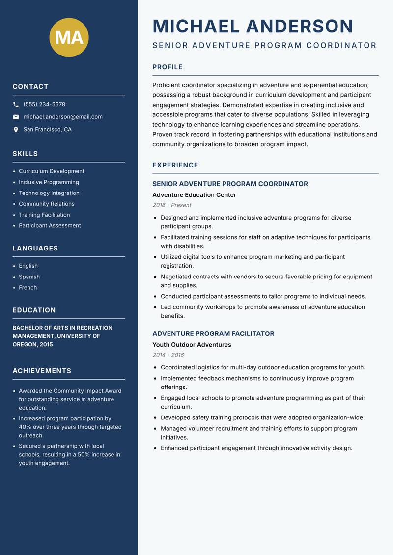 Adventure Program Coordinator Resume Preview Example