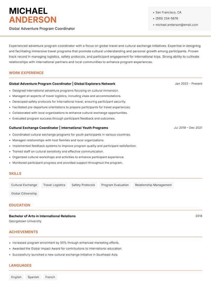 Adventure Program Coordinator Resume Template