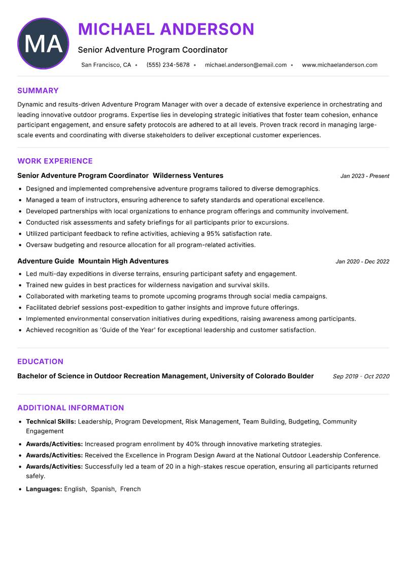 Adventure Program Manager Resume Preview Example