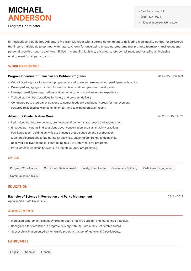 Adventure Program Manager Resume Template