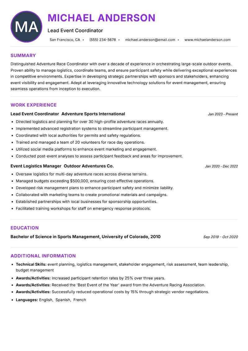 Adventure Race Coordinator Resume Preview Example