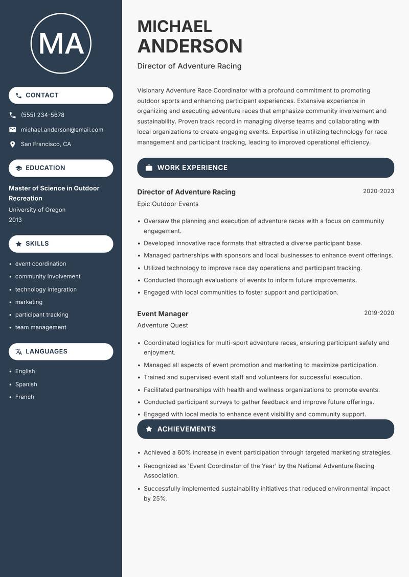 Adventure Race Coordinator Resume Preview Example
