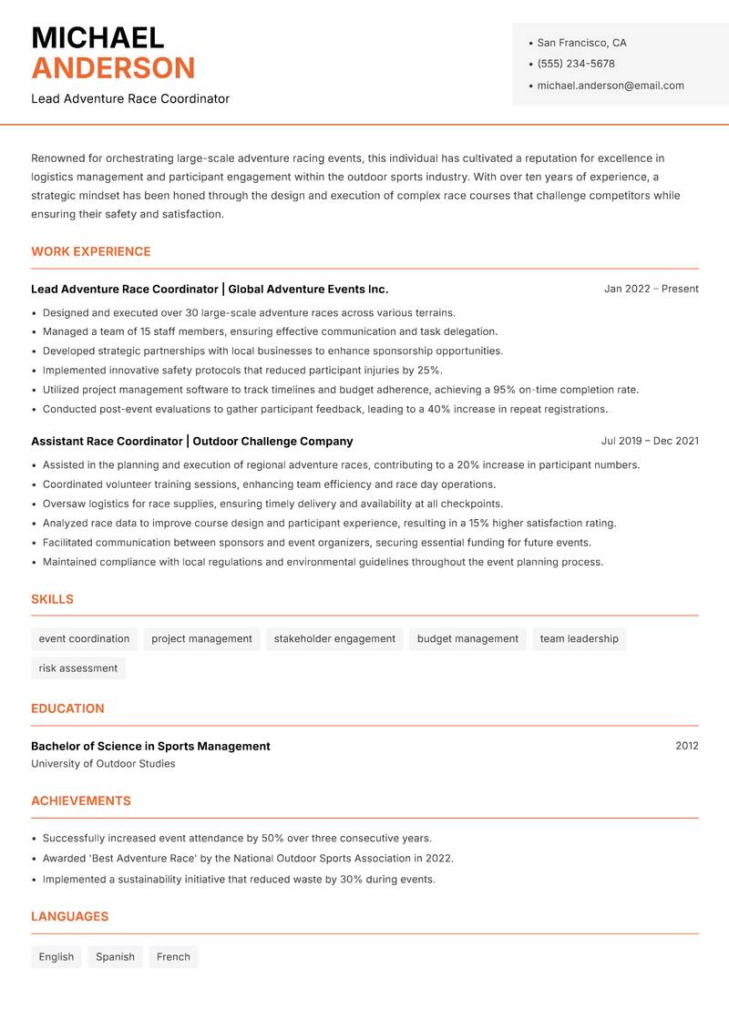 Adventure Race Coordinator Resume Template