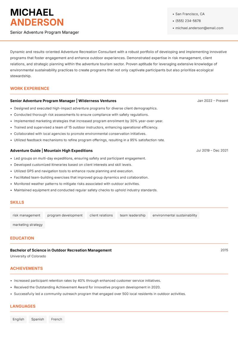 Adventure Recreation Consultant Resume Template