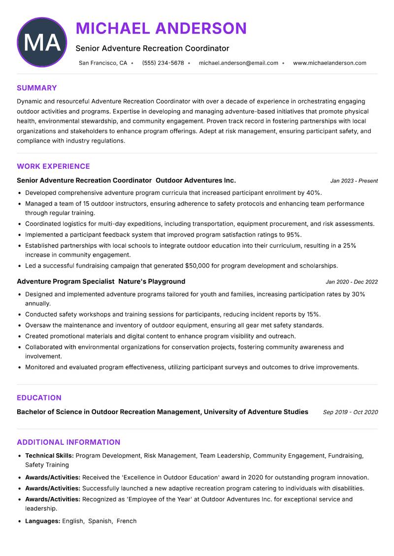 Adventure Recreation Coordinator Resume Preview Example