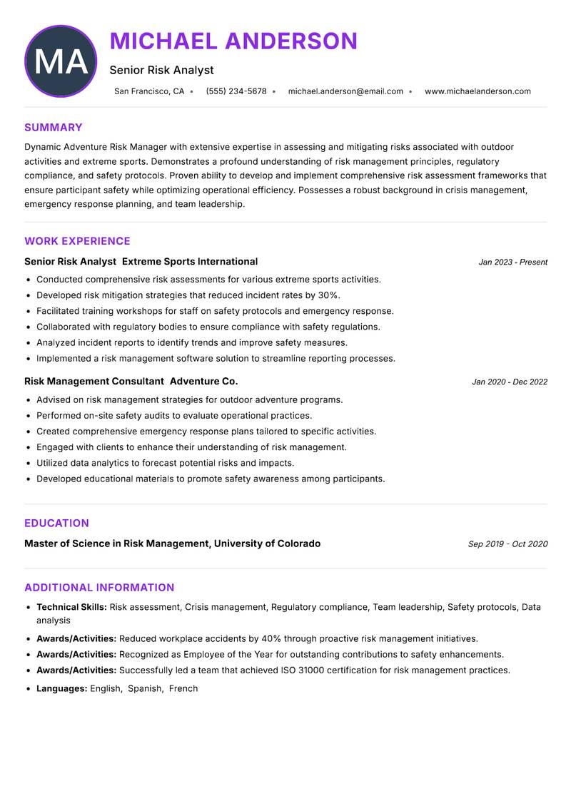 Adventure Risk Manager Resume Preview Example
