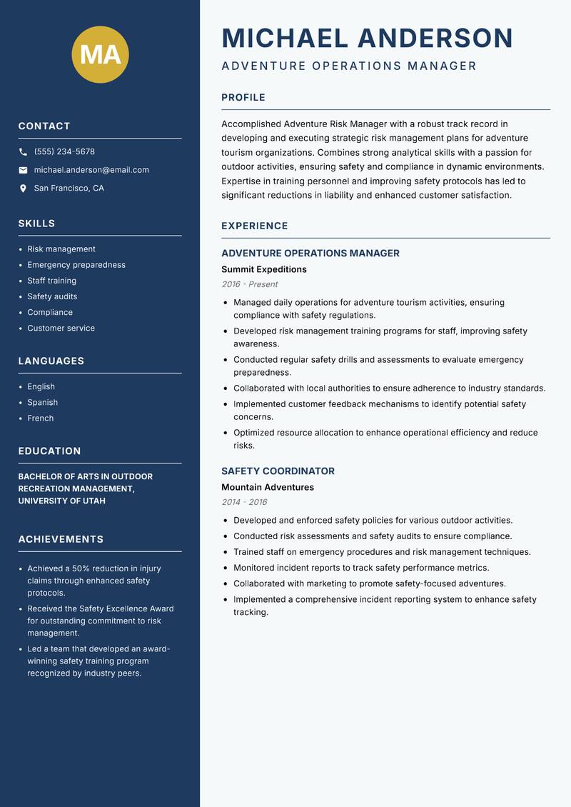 Adventure Risk Manager Resume Preview Example