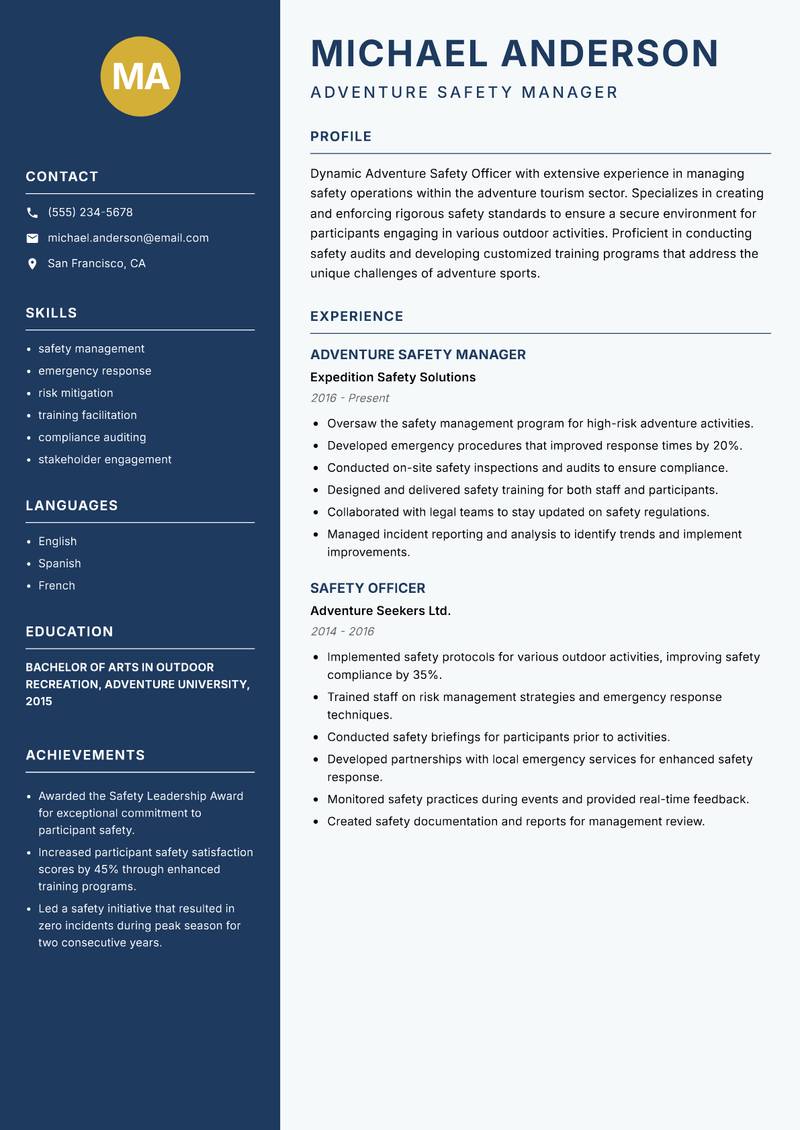 Adventure Safety Officer Resume Preview Example