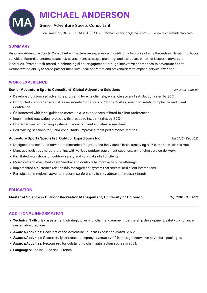 Adventure Sports Consultant Resume Preview Example
