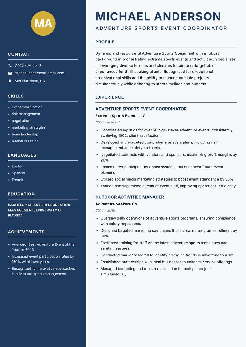 Adventure Sports Consultant Resume Preview Example