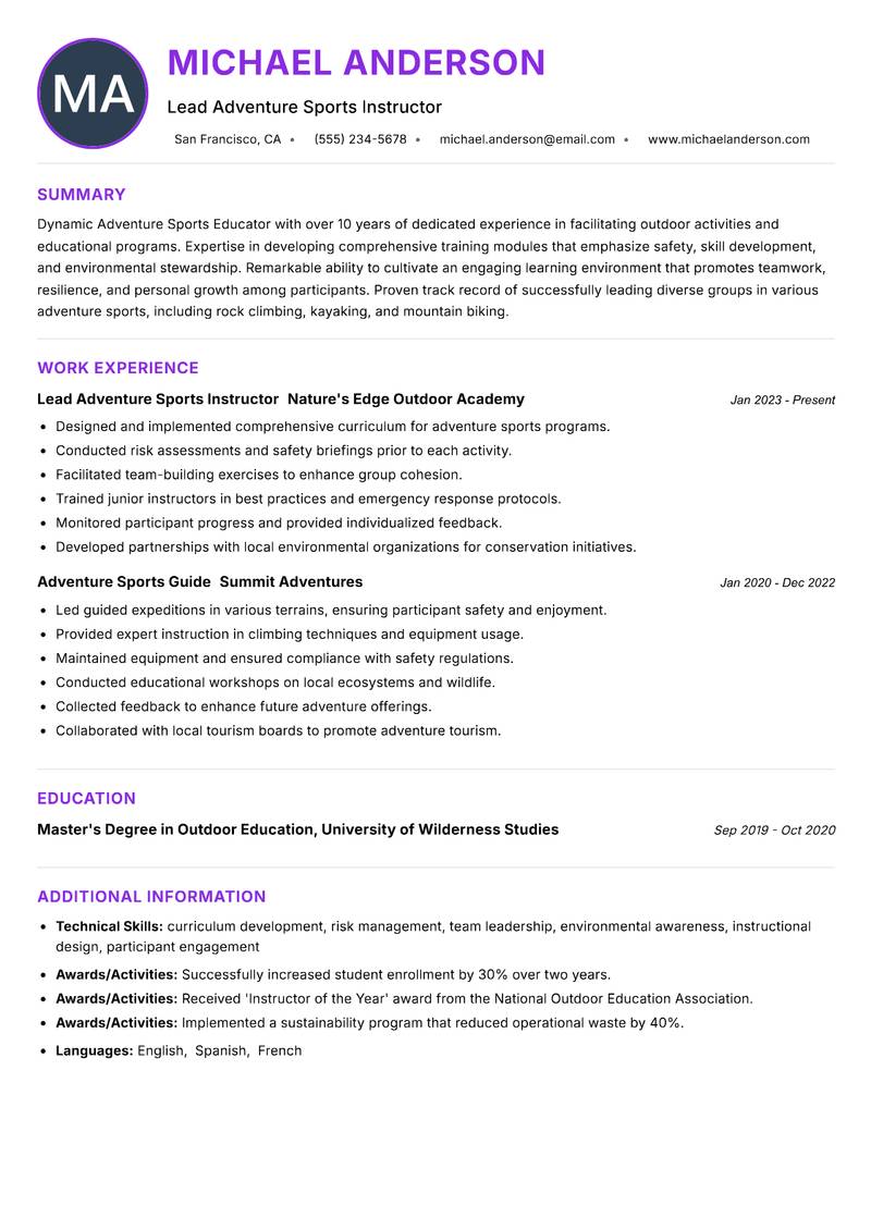 Adventure Sports Educator Resume Preview Example
