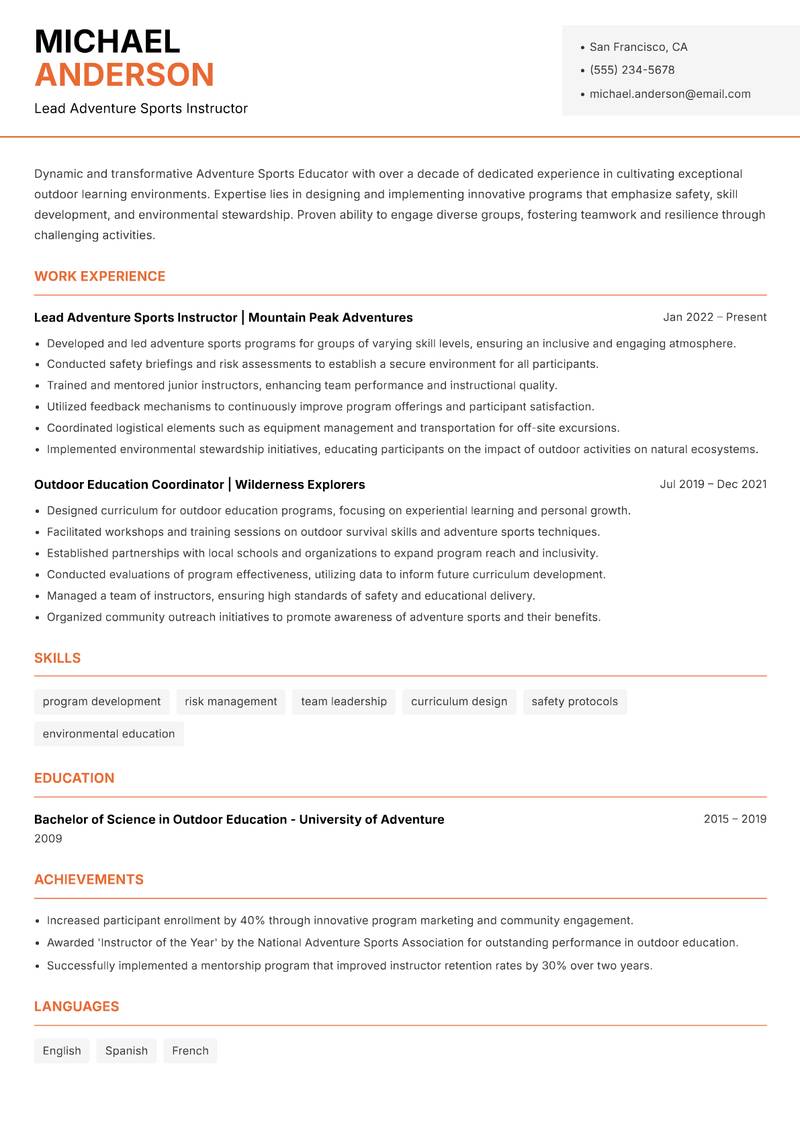 Adventure Sports Educator Resume Template