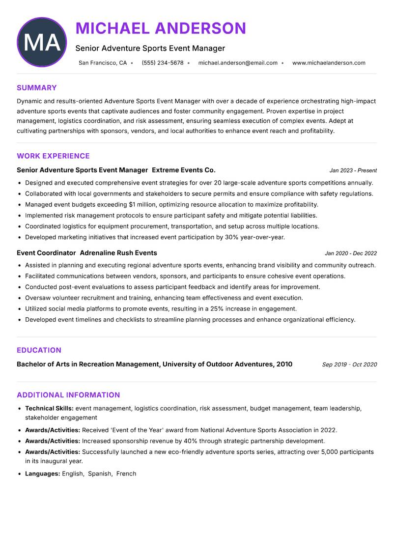 Adventure Sports Event Manager Resume Preview Example