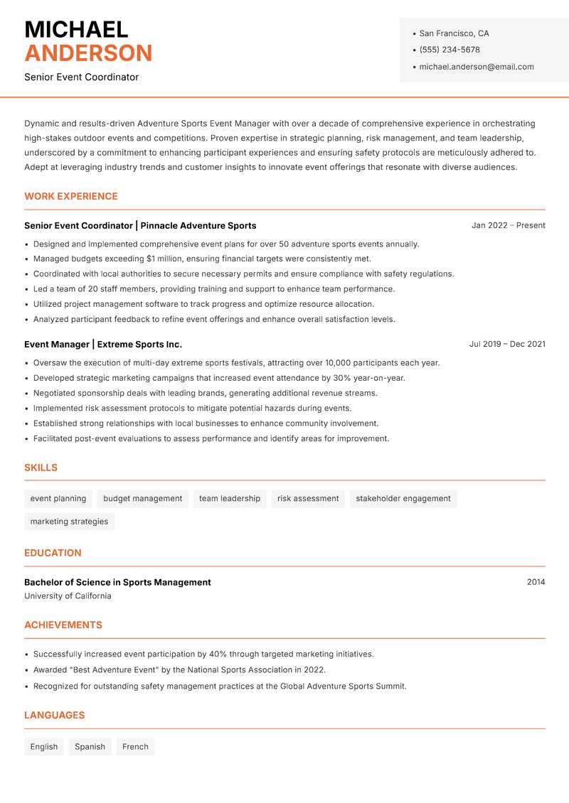 Adventure Sports Event Manager Resume Template