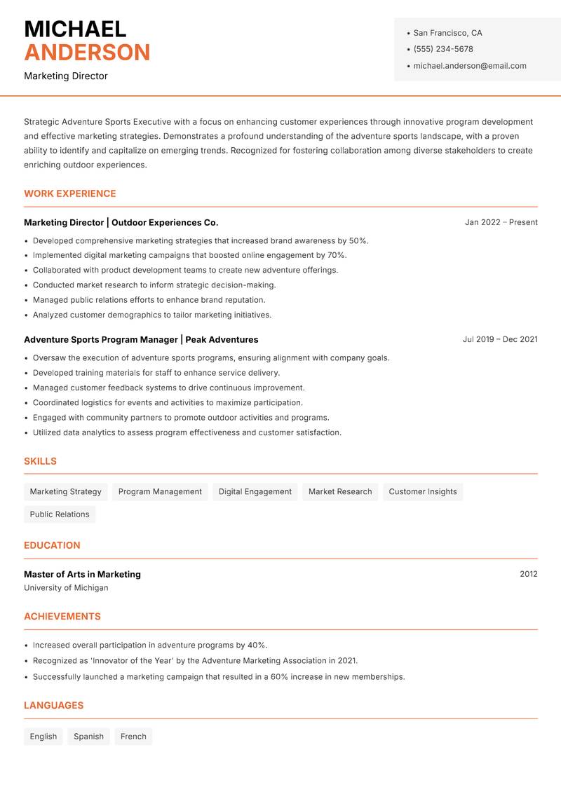 Adventure Sports Executive Resume Template