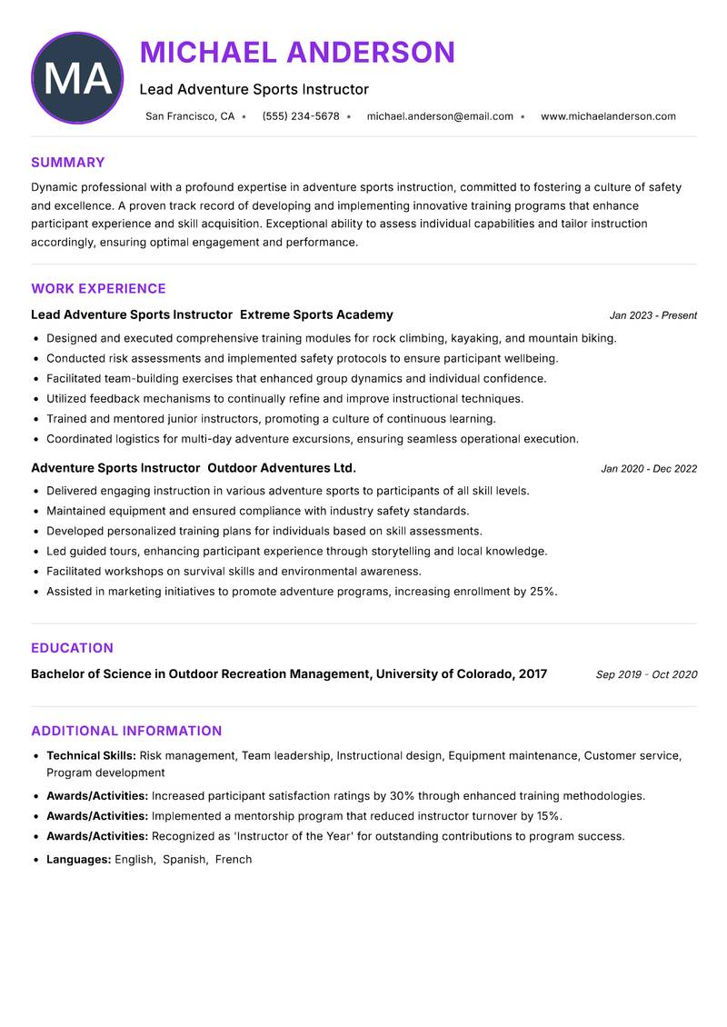Adventure Sports Instructor Resume Preview Example