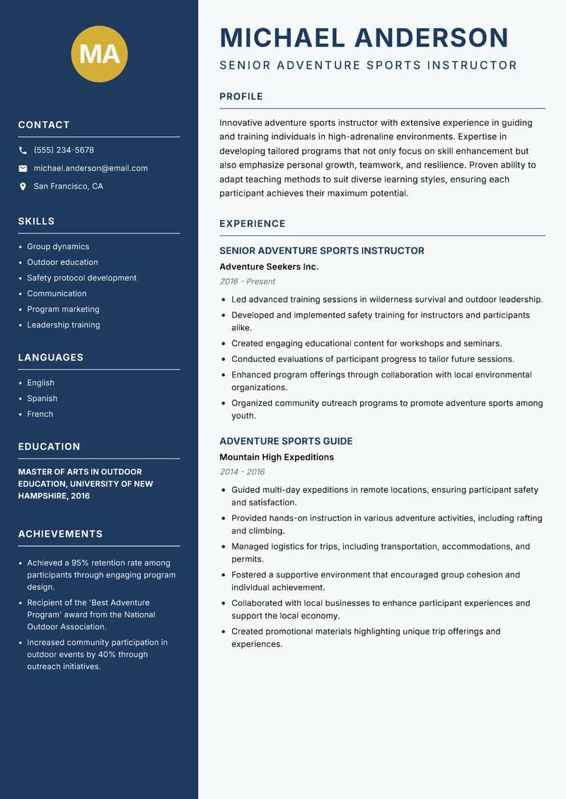 Adventure Sports Instructor Resume Preview Example