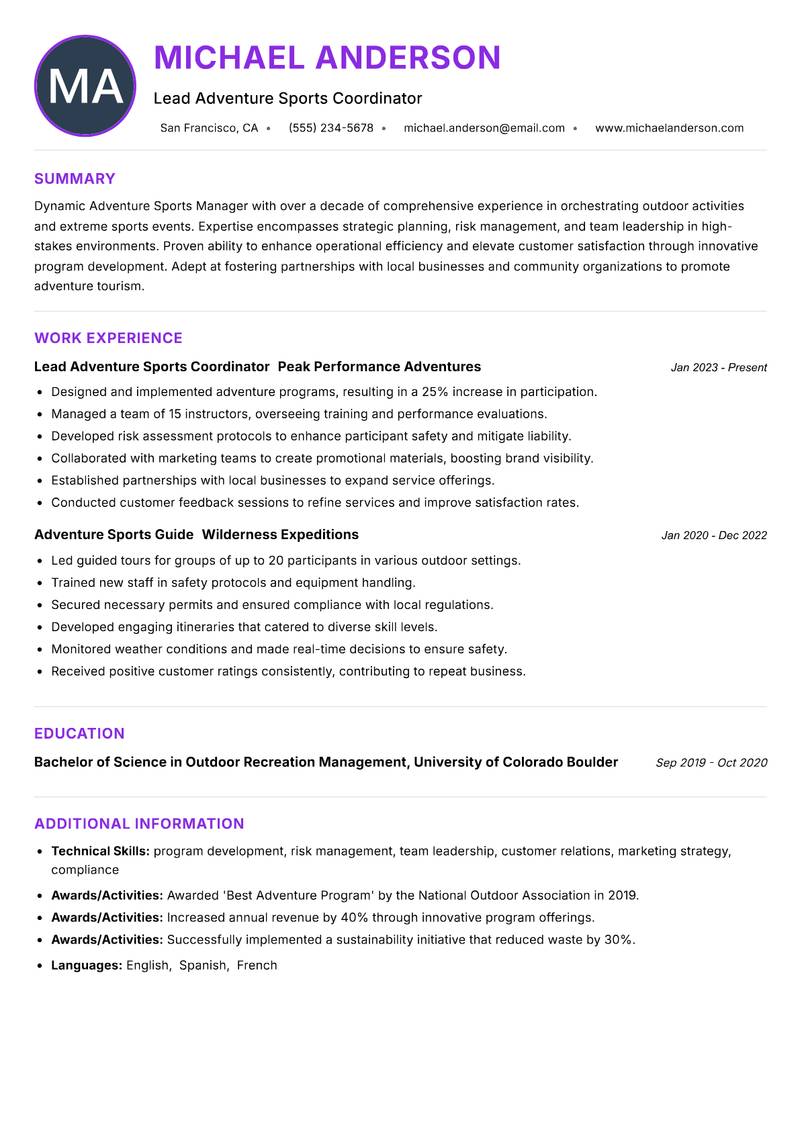 Adventure Sports Manager Resume Preview Example