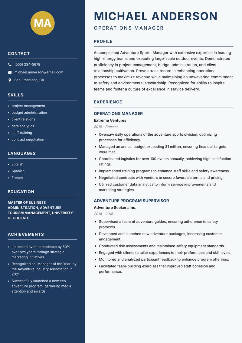 Adventure Sports Manager Resume Preview Example