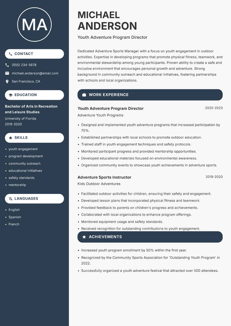 Adventure Sports Manager Resume Preview Example