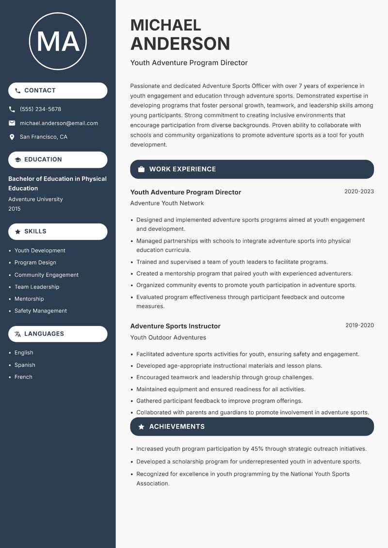 Adventure Sports Officer Resume Preview Example