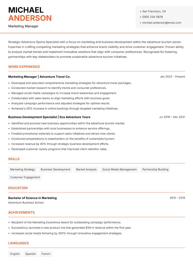 Adventure Sports Specialist Resume Template