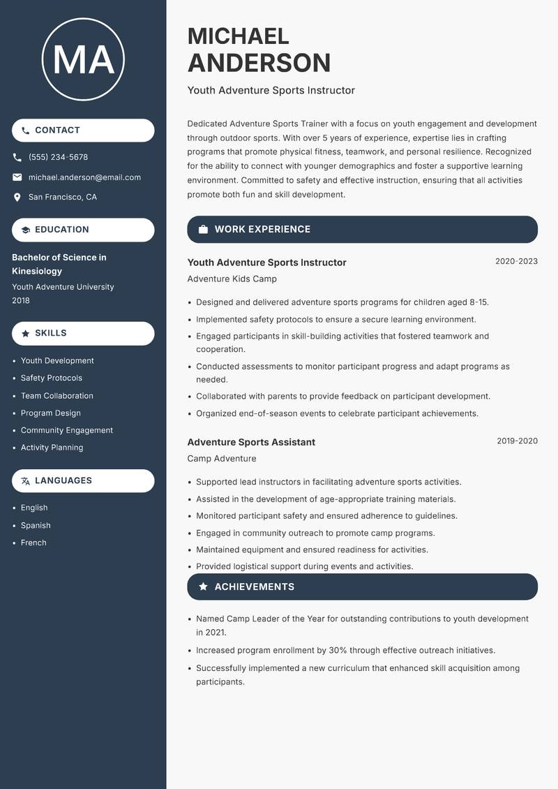 Adventure Sports Trainer Resume Preview Example