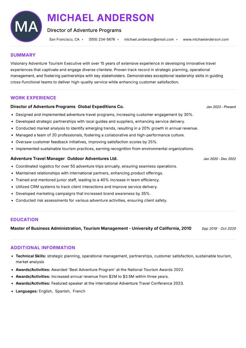 Adventure Tourism Executive Resume Preview Example