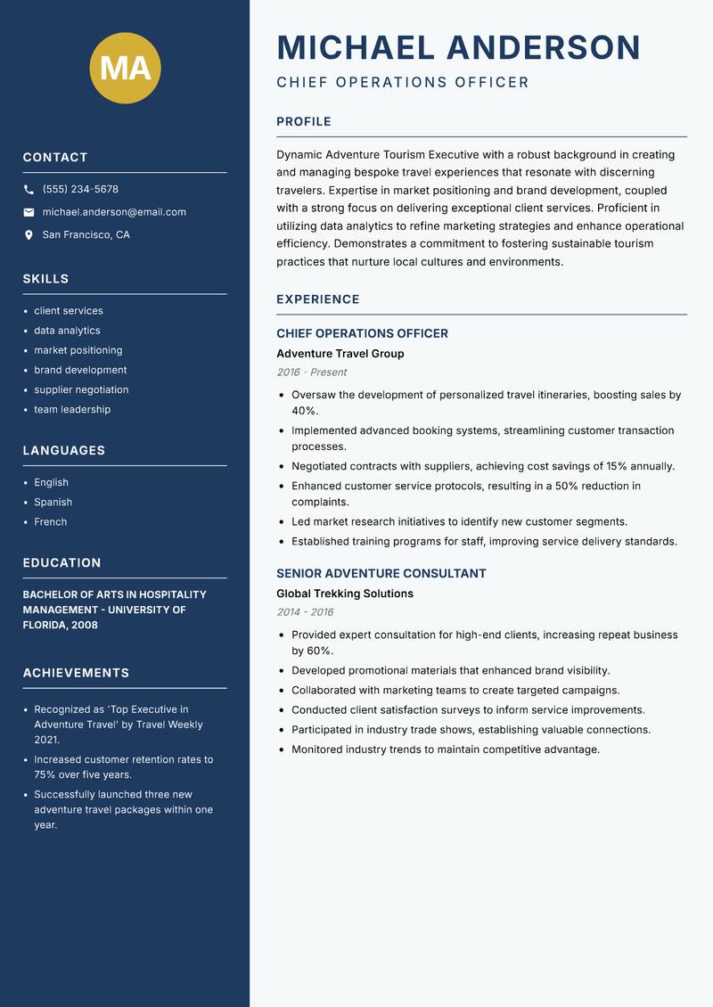Adventure Tourism Executive Resume Preview Example