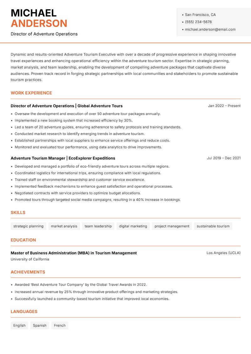 Adventure Tourism Executive Resume Template