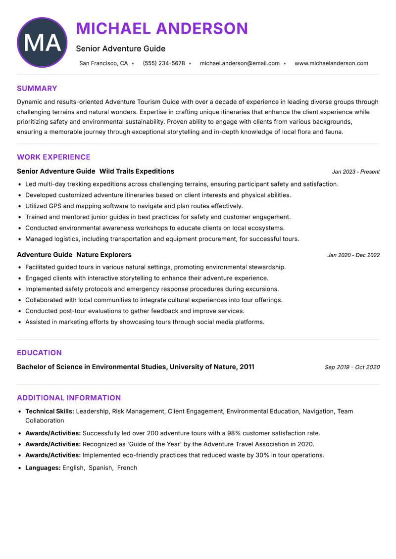 Adventure Tourism Guide Resume Preview Example