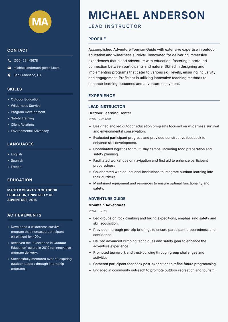Adventure Tourism Guide Resume Preview Example