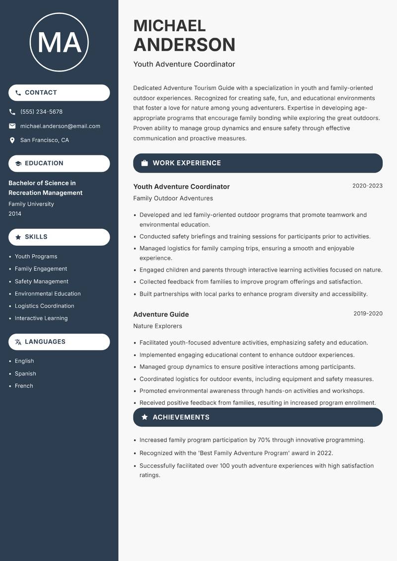 Adventure Tourism Guide Resume Preview Example