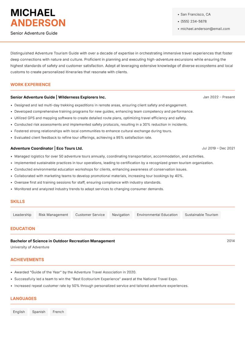 Adventure Tourism Guide Resume Template