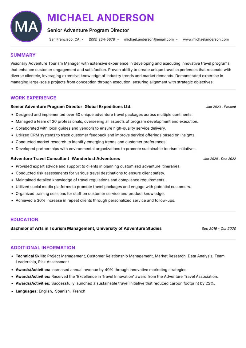 Adventure Tourism Manager Resume Preview Example
