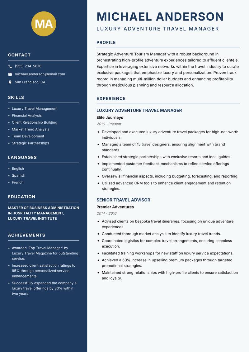 Adventure Tourism Manager Resume Preview Example
