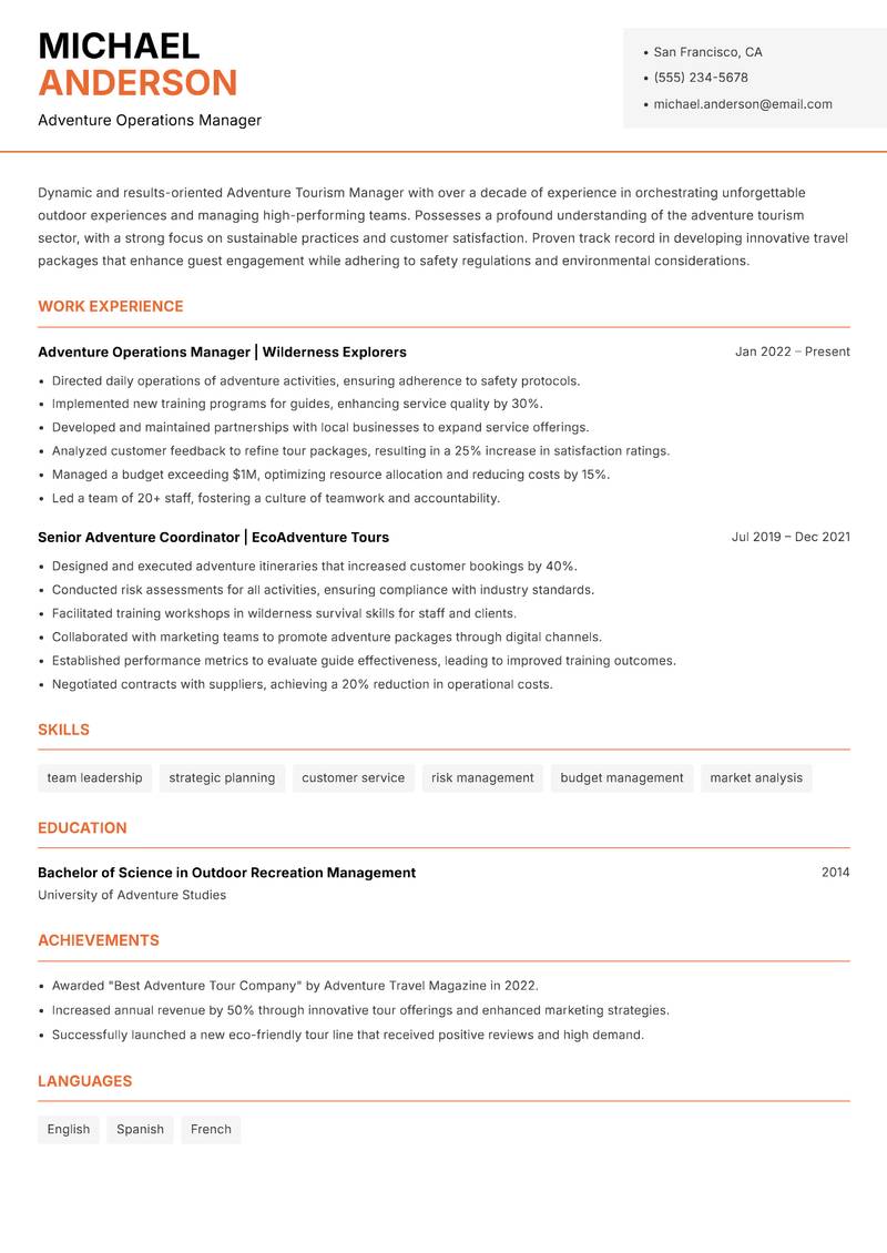 Adventure Tourism Manager Resume Template