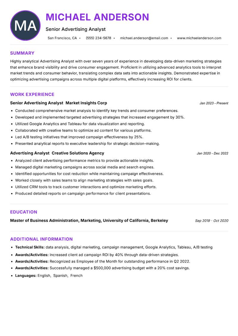 Advertising Analyst Resume Preview Example