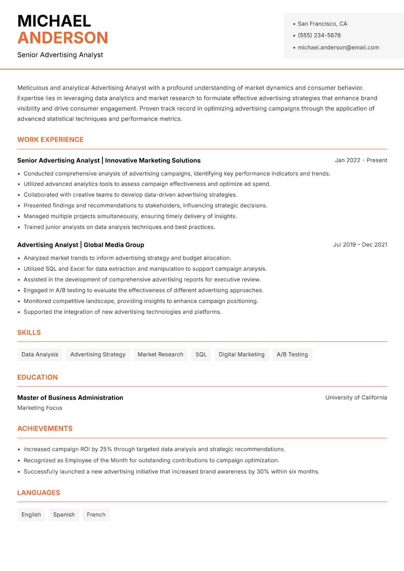 Advertising Analyst Resume Template