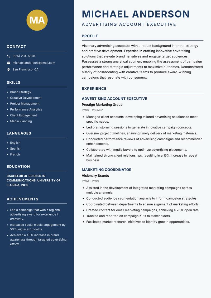 Advertising Associate Resume Preview Example
