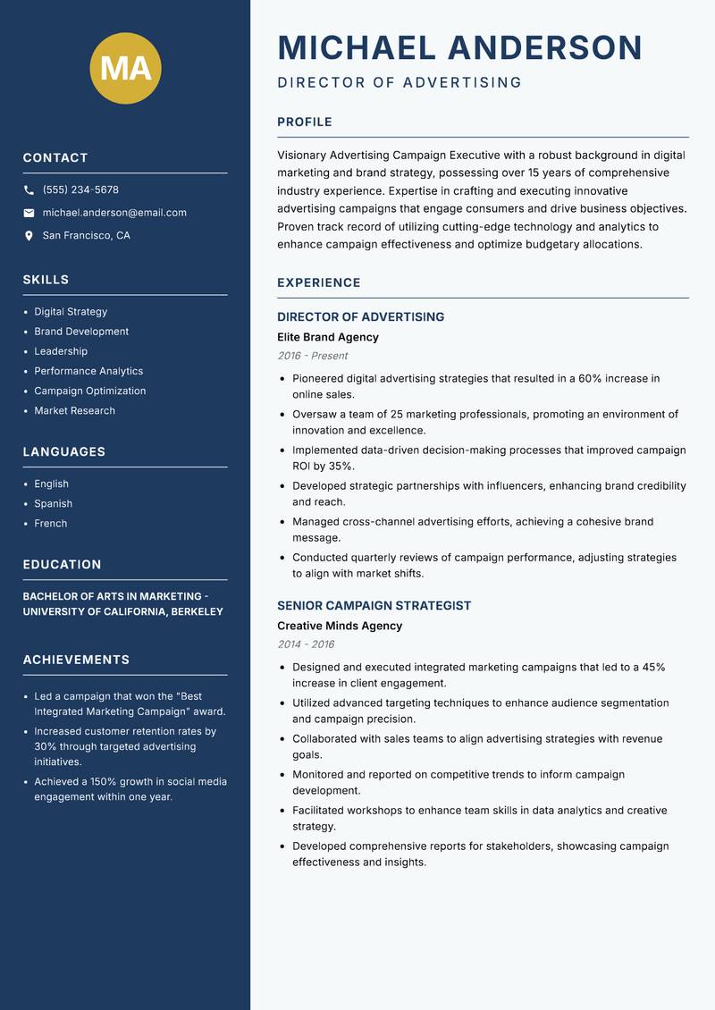 Advertising Campaign Executive Resume Preview Example