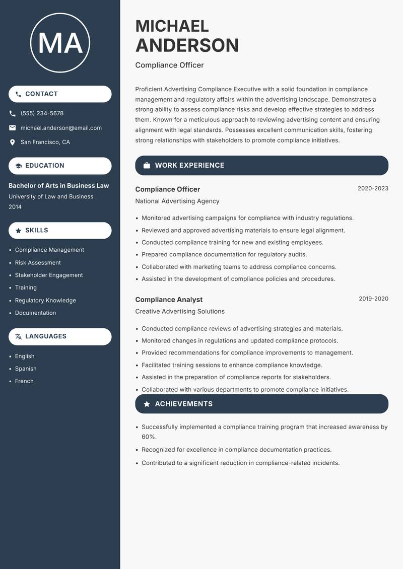 Advertising Compliance Executive Resume Preview Example